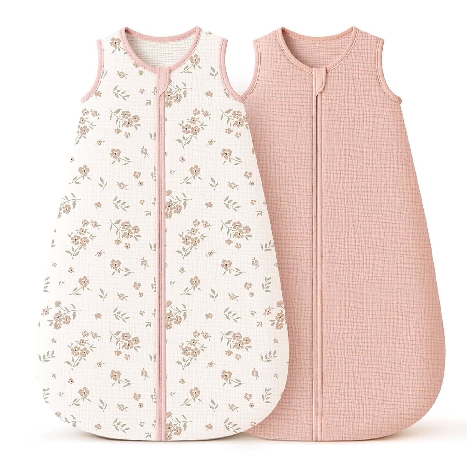 Konssy Muslin Baby Sleep Sack 6-12 Months 0.8 TOG, 2 Pack 100% Cotton Wearable Blanket for Babies, 2-Way Zipper Breathable Sleeping Sack Infant Toddler Essentials for Girls and Boys (Blossom, Pink)
