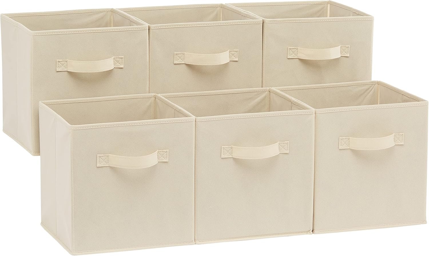 Amazon Basics Collapsible Fabric Storage Cubes Organizer with Handles, Sturdy Storage Bins for Organization, 10.5″ x 10.5″ x 11″, Beige, 6-Pack