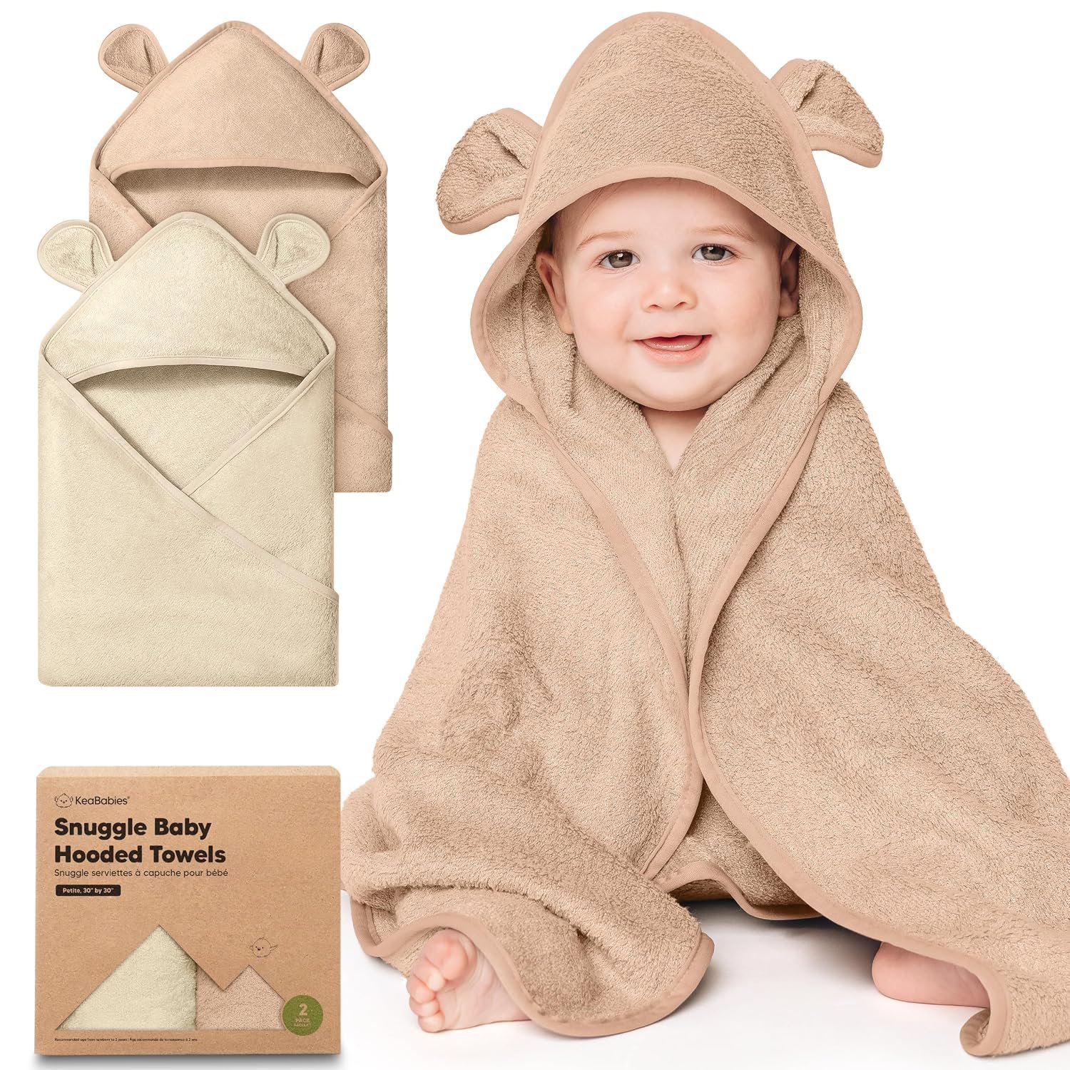 KeaBabies 2-Pack Hooded Baby Towels for Newborn – 30×30 Soft & Absorbent Viscose from Bamboo Baby Bath Towels with Hood for Infant, Toddler,Kids,Boys Girls,Newborn Bath Essentials (Almond, Petite)
