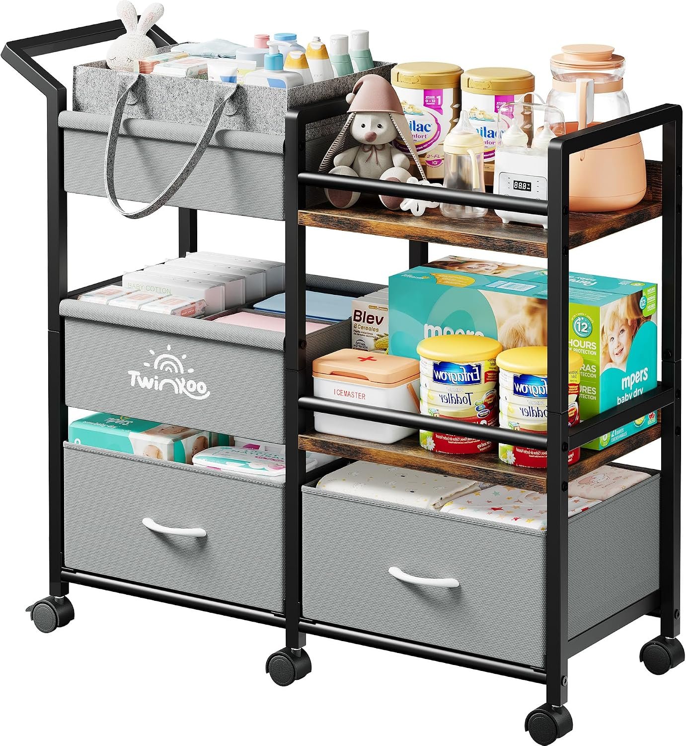 2-in-1 Baby Diaper Caddy Organizer, 3 Tier Sturdy Rolling Storage Cart with Dividers and Drawers, Baby Essentials for Nursery Storage, Mobile Utility Cart with Wheels Large Capacity Easy To Assemble
