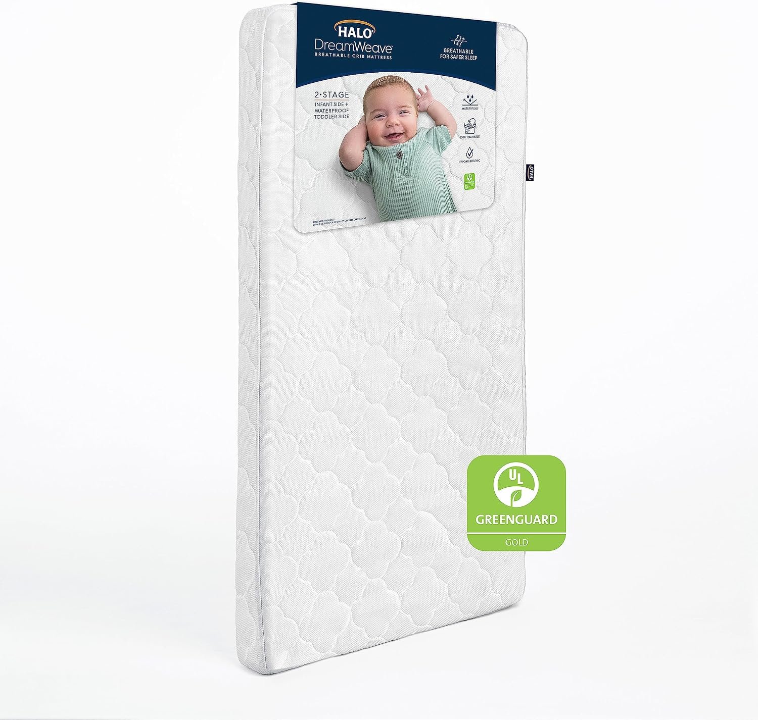 HALO DreamWeave Crib & Toddler Mattress – 100% Breathable Mattress and Core, Dual Sided 2-Stage Design, Machine Washable Cover, Hypoallergenic, Open Strand Polymer Core, Greenguard Cert.