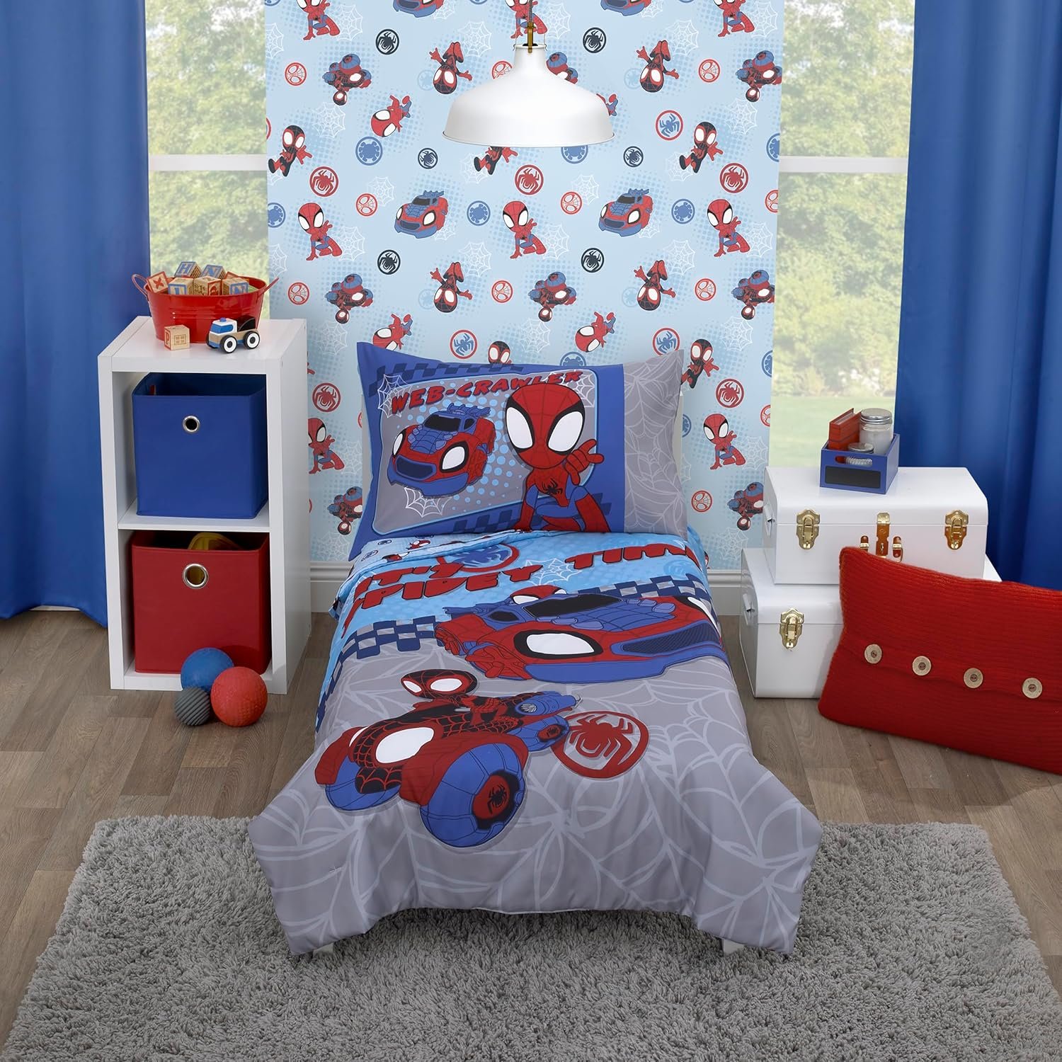 NoJo Marvel Spiderman Spidey and his Amazing Friends Spidey Time Red, Blue, and Grey 4 Piece Toddler Bed Set – Comforter, Fitted Bottom Sheet, Flat Top Sheet, and Reversible Pillowcase