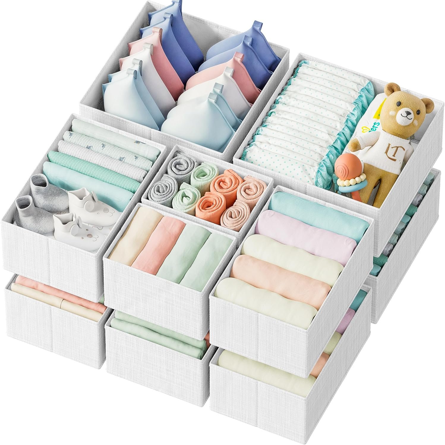 Drawer Organizer Clothes Set of 12 White-Grey – Dresser Organizer For Nursery, Bedroom, Closet – Perfect Baby Clothes Organizer and Storage & General Nursery Organization or Dresser Drawer Organizers