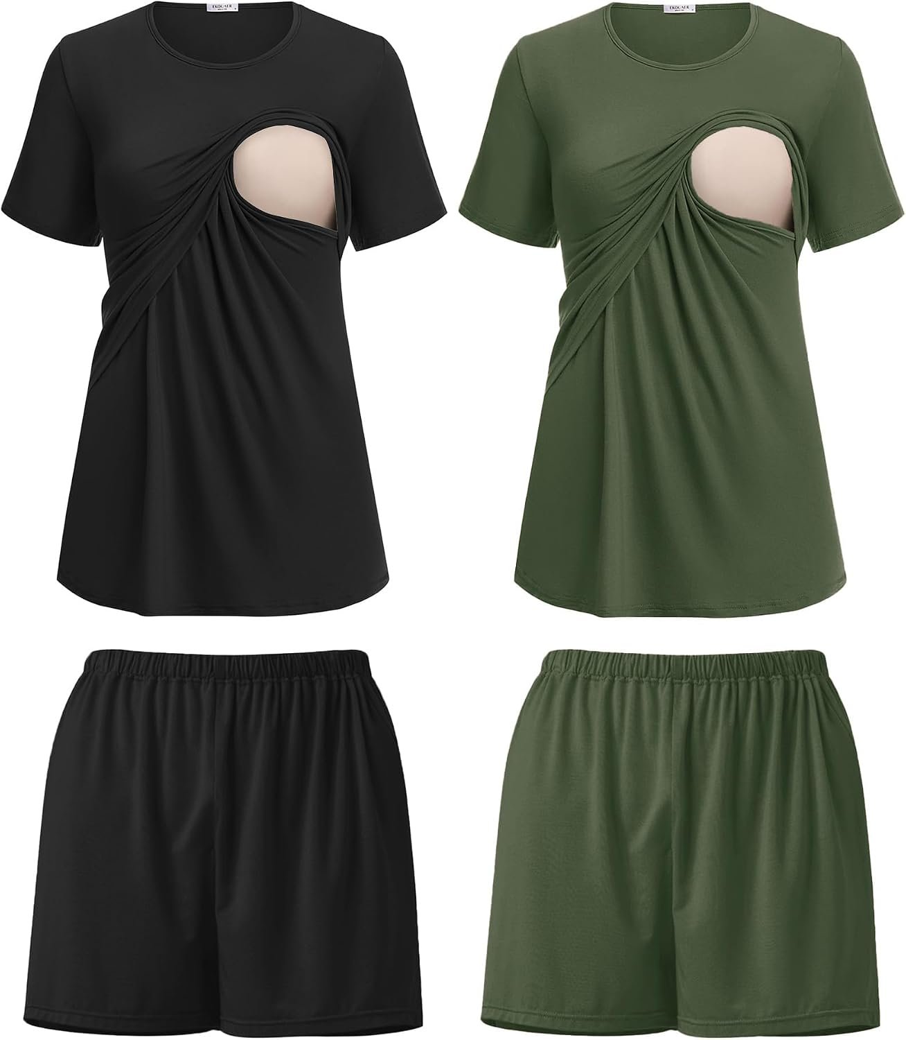 Ekouaer 2 Pack Nursing Pajamas Set Postpartum Outfits for Women | Double Layer Breastfeeding Pjs, Maternity Lounge Set with Shirts and Shorts, Soft Pregnancy Clothes