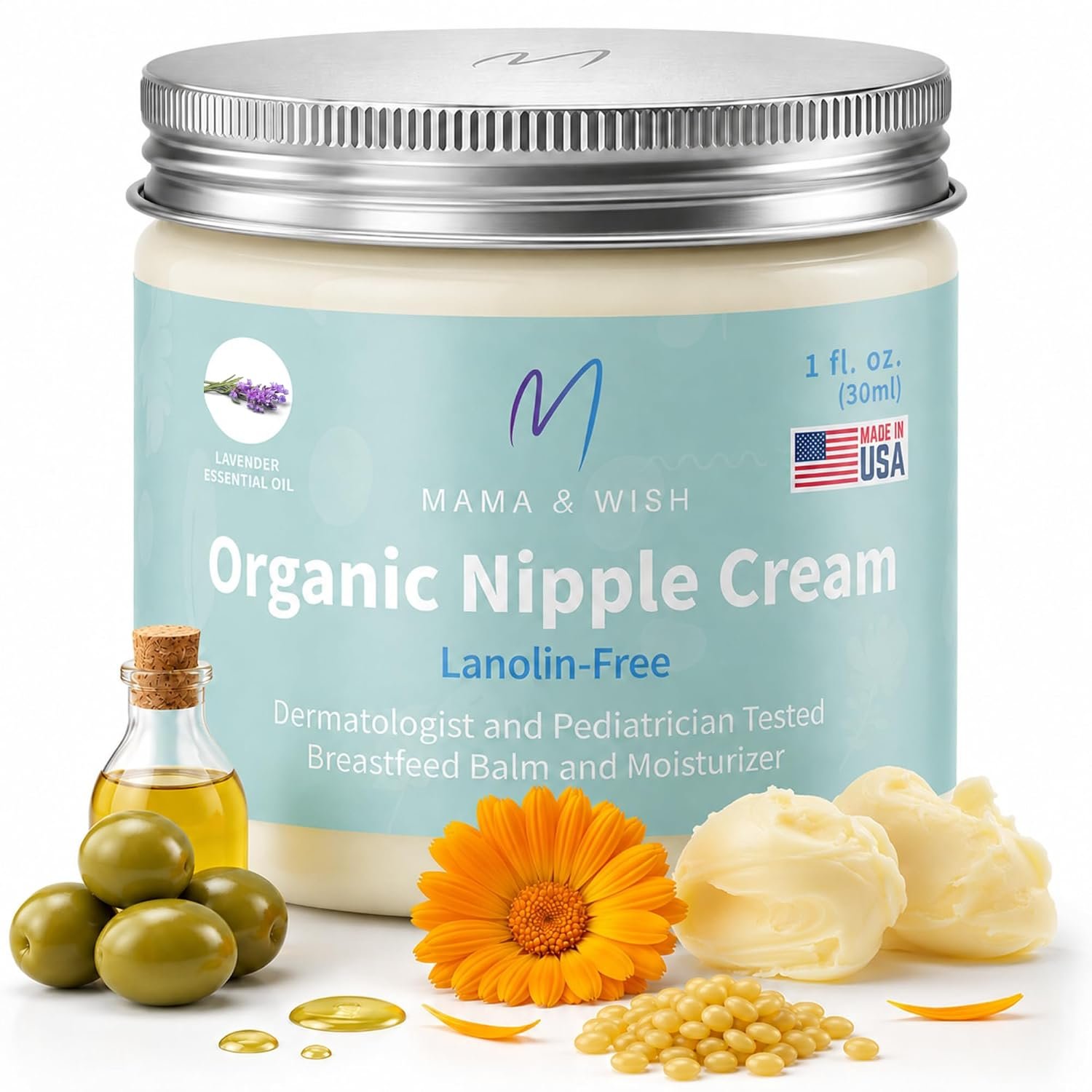 Mama & Wish 1oz Organic Nipple Cream Safe for Breastfeeding | 1 Pk Scented | Lanolin-Free, Gentle on Sensitive Skin. Soothes Cracked, Sore & Dry. Pregnancy & Postpartum Safe. No-Wipe. Baby Shower Gift