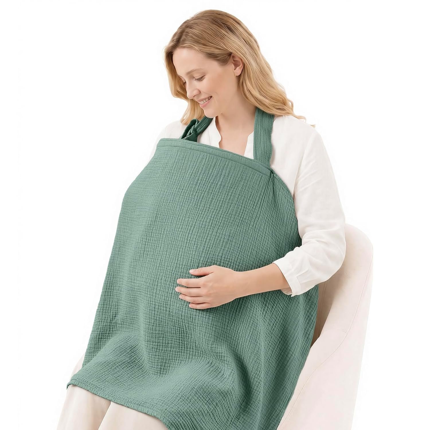 Blissful Diary Muslin Nursing Cover for Breastfeeding, Breathable Breastfeeding Cover up with Arch Neckline for Women, Nursing Apron (Roman Green)