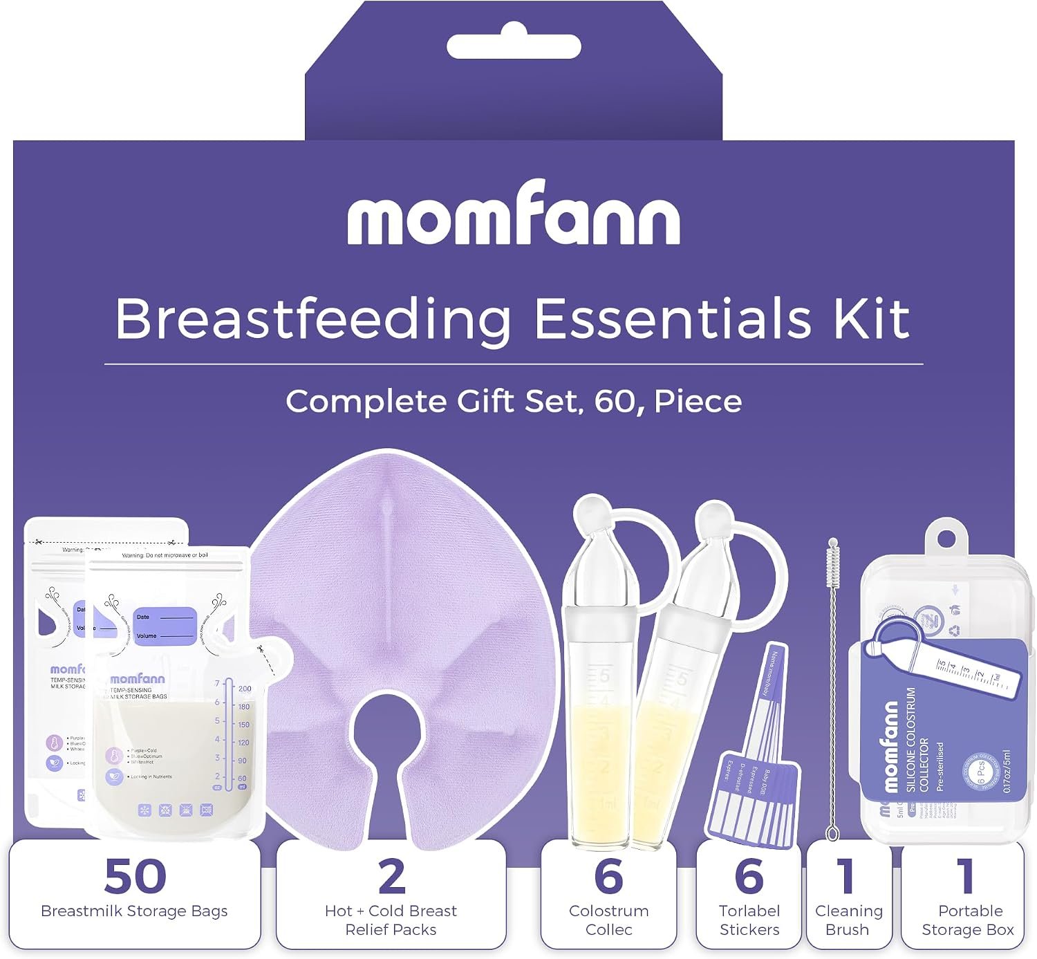 Breastfeeding Care Kit for Nursing Moms, 60 Piece/Set, BPA-Free Essentials | Inclueds Milk Collector, 50 Storage Bags & Hot/Cold Packs – Relieves Engorgement & Improves Milk Flow(Purple)