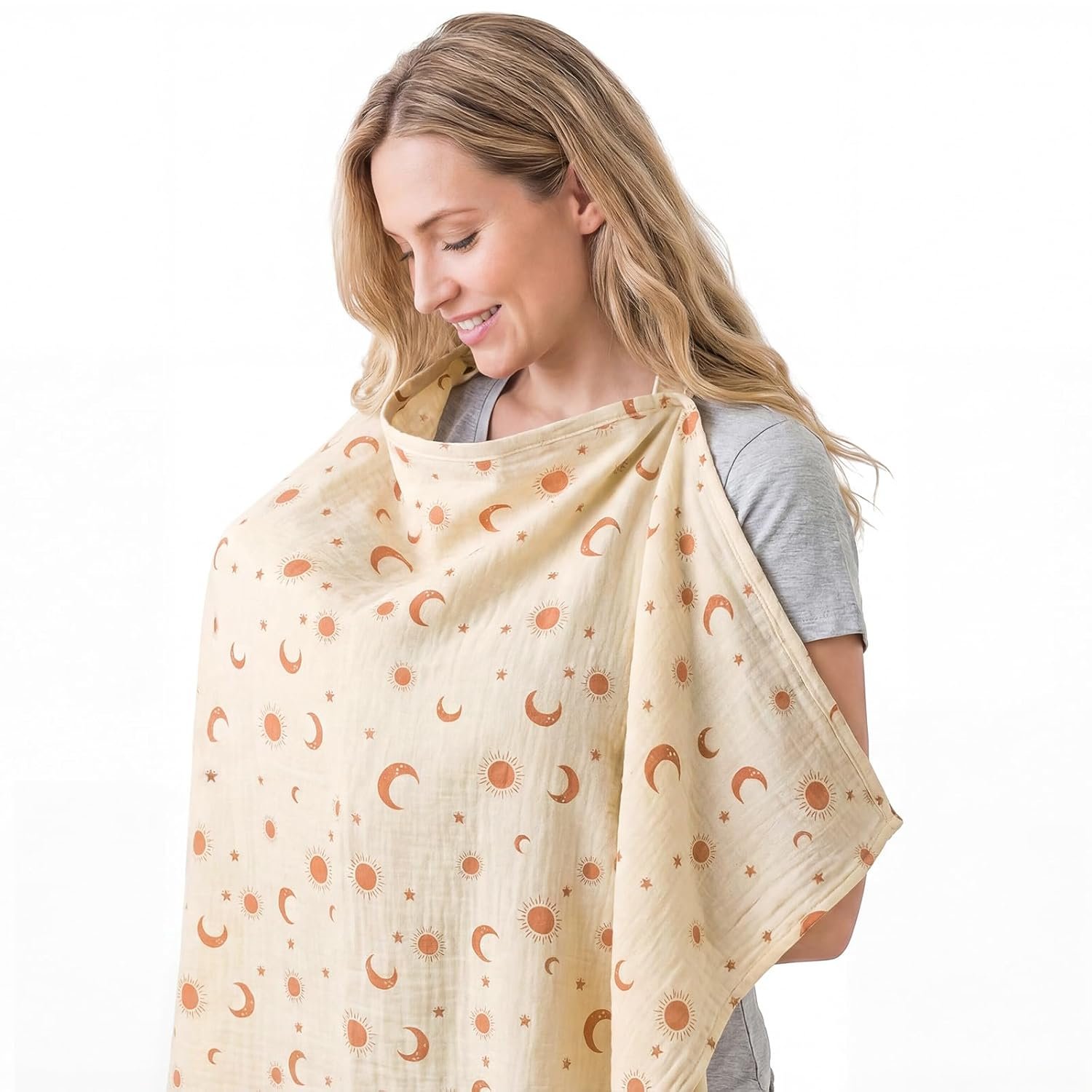 Muslin Nursing Cover for Breastfeeding – 100% Cotton, Breathable Nursing Cover with Arch Neckline and Adjustable Back Tie for Women, Newborn Essentials Must Haves (Sun and Moon)
